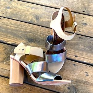 Sam Edelman Yelena Silver & Tan Leather Strappy Block Heels